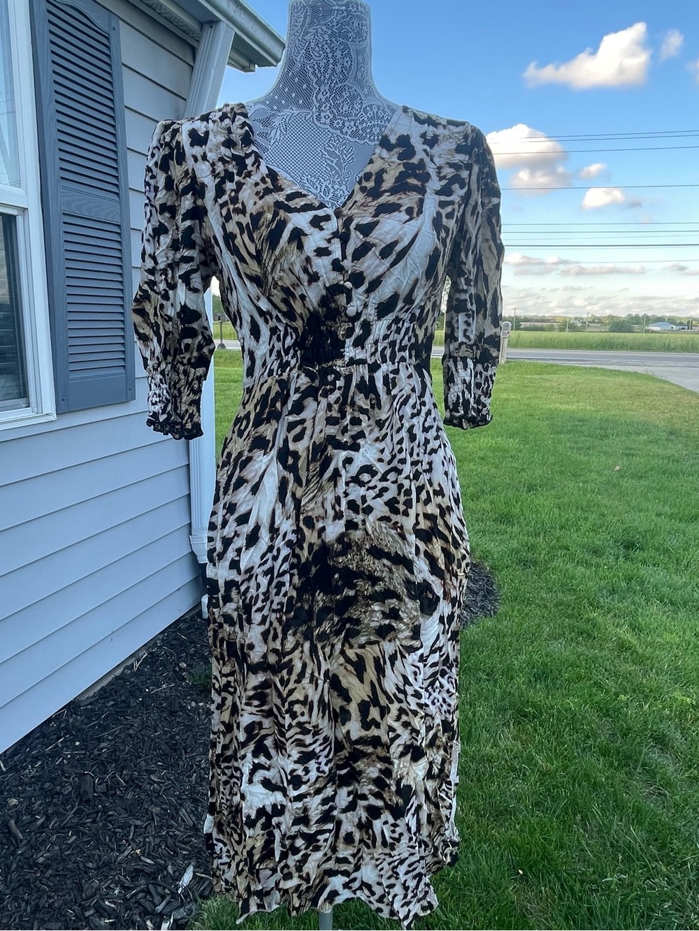 Banana Republic Leopard-Print V-Neck Midi Dress in Brown and Black